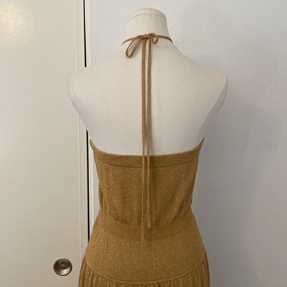 BCBG Gold Metallic Sweater Knit Halter Midi Dress Size Large - Picture 7 of 13